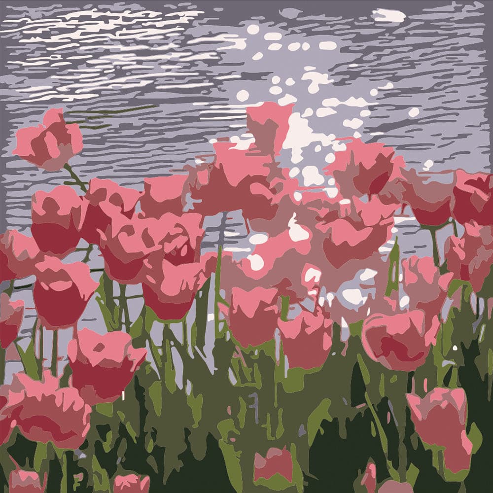 Pink tulip by the glittering lake