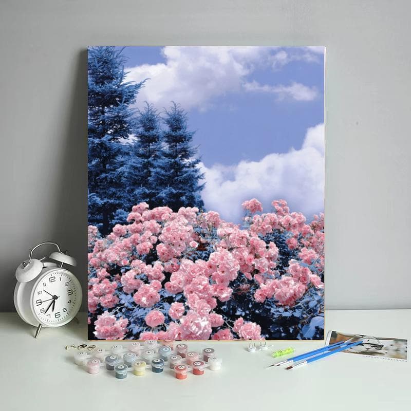 Pink carnation with pine trees