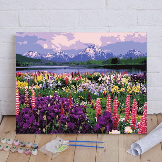 Flowerfield with snow mountain