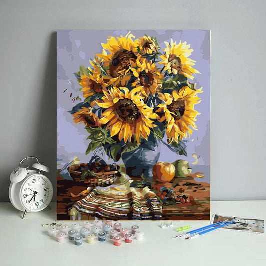 A pot of sunflowers on table