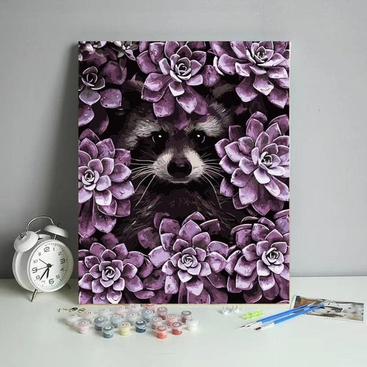 Raccoon hidden in purple flowers