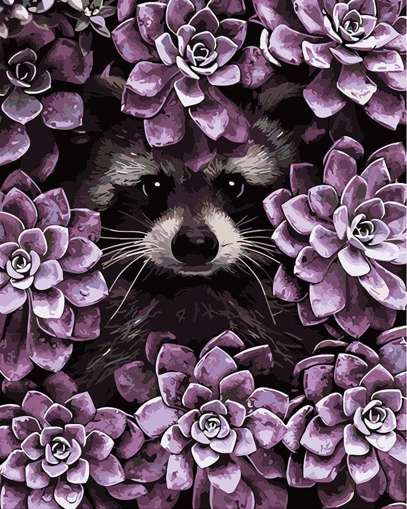 Raccoon hidden in purple flowers