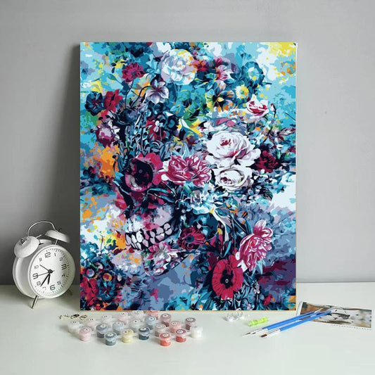 Paint-by-numbers-Abstract colorful skull made by flowers