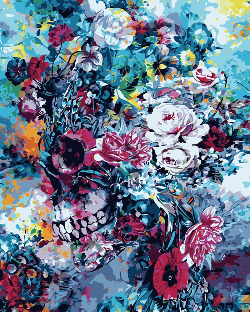 Paint-by-numbers-in-real-Abstract colorful skull made by flowers