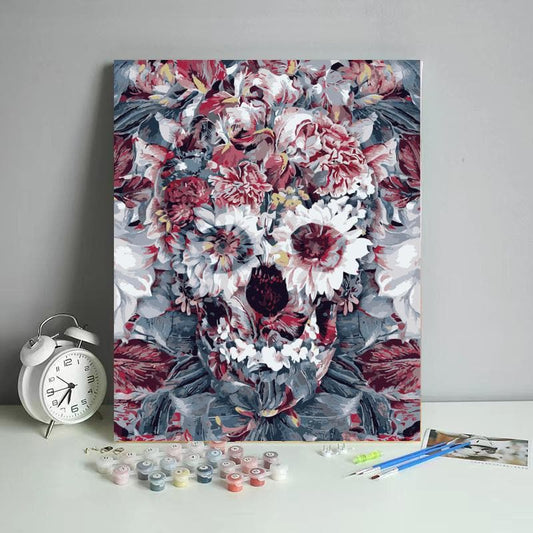 Paint-by-numbers-Abstract skull made by red&white flowers