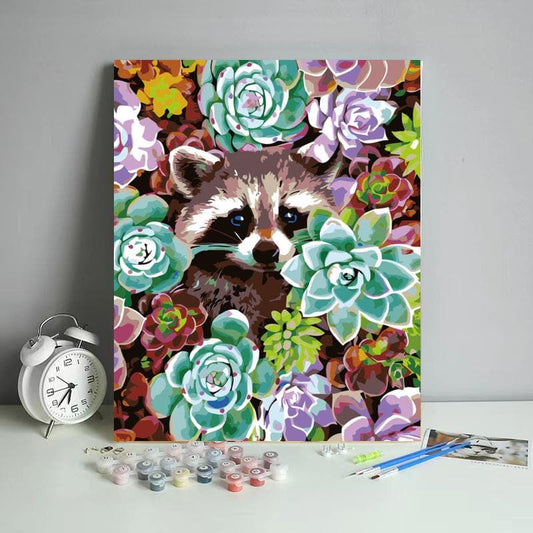Raccoon hidden in colorful flowers