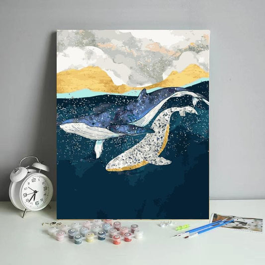 Impressionistic two whales in ocean